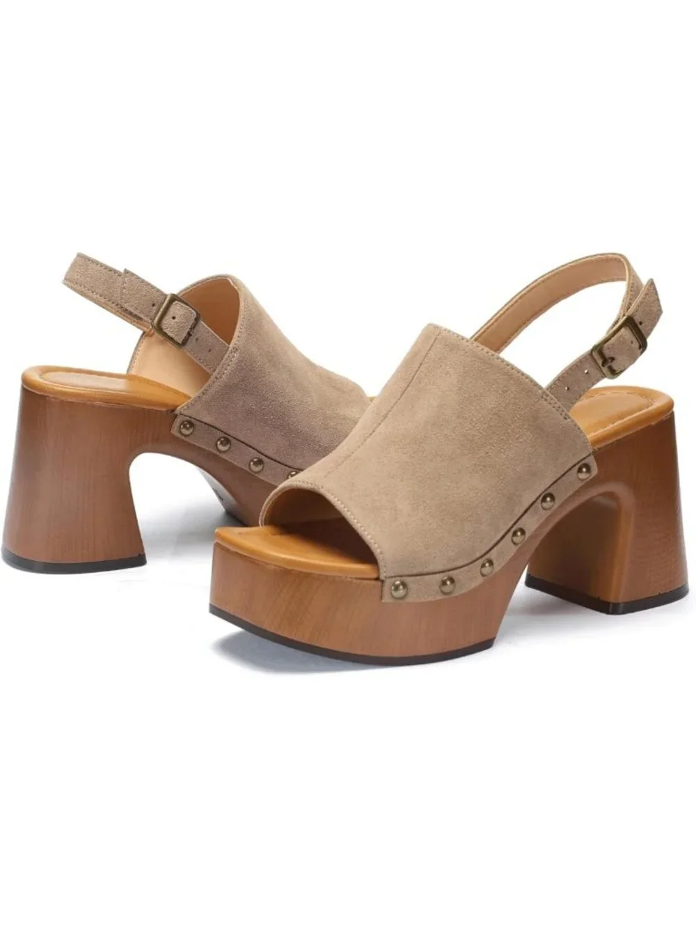 Stylish Women's Chunky Platform Sandals, Studded Faux Suede Open Toe Heels